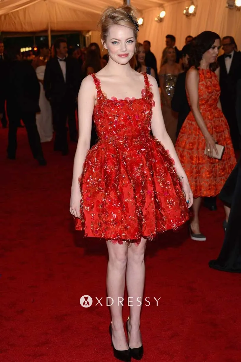 Emma Stone crystals cherry red dress Emma Stone crystals cherry red dress
