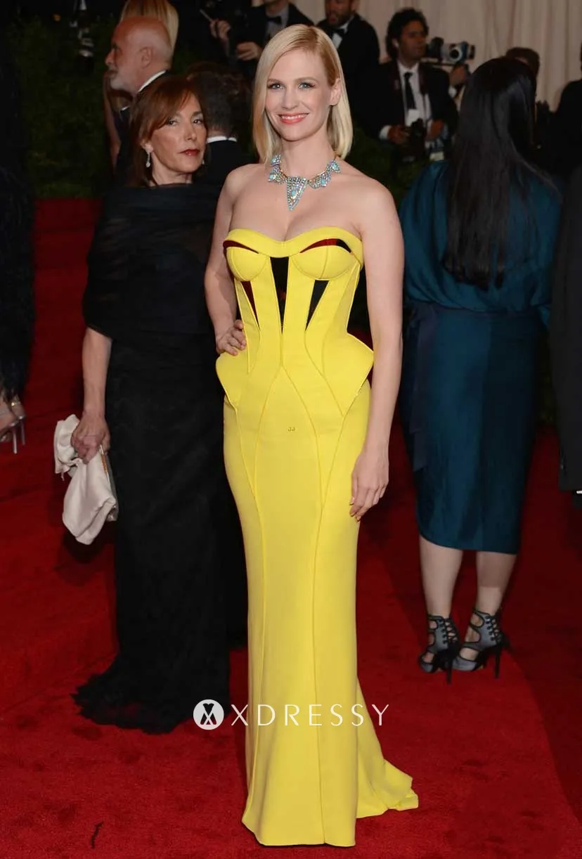 January Jones yellow strapless dress on2012 Met Gala red carpet January Jones yellow strapless dress on2012 Met Gala red carpet