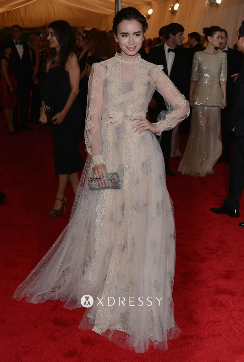 Lily Collins vintage long sleeve tulle dress at 2012 Met Gala Lily Collins vintage long sleeve tulle dress at 2012 Met Gala
