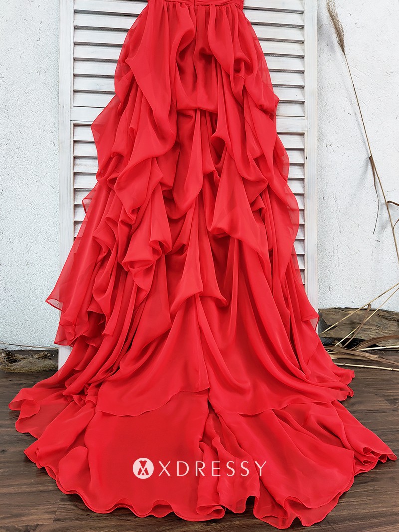 Léa Seydoux Red Chiffon Off-shoulder Prom Dress - Xdressy