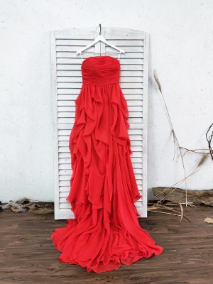 Scarlet pleated draped chiffon celebrity prom dress
