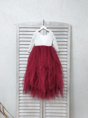 white lace and burgundy tulle flower girl dress