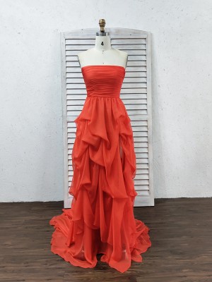 draped and pleated 30D red chiffon long celebrity prom dress