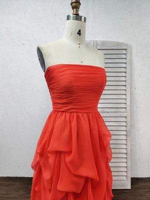 pleated detailing red chiffon dress