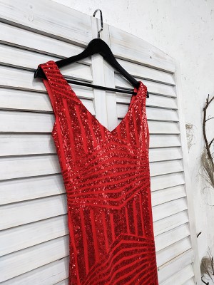red striped sequin V neck prom dress