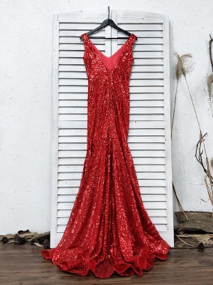 sparkly red striped sequin V neck long prom dress