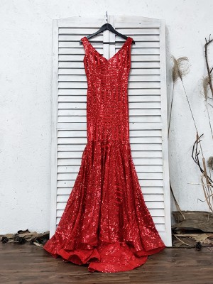 sparkly red striped sequin mermaid long prom dress