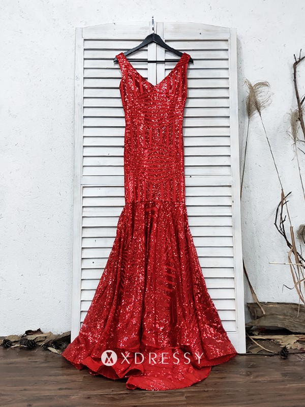 sparkly red striped sequin mermaid long prom dress