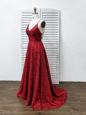 V neck red lace split prom dress