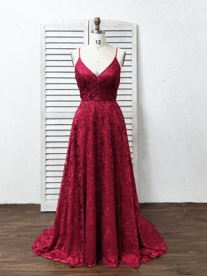 spaghetti straps V neck red lace split prom dress