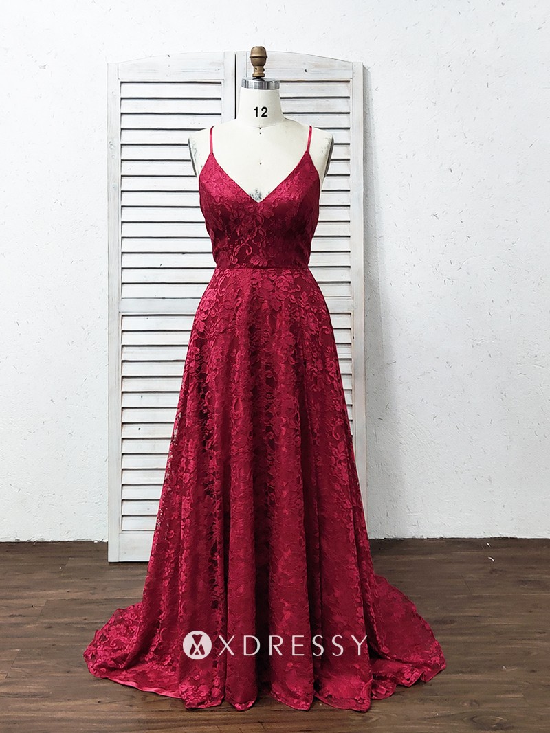 spaghetti straps V neck red lace split prom dress