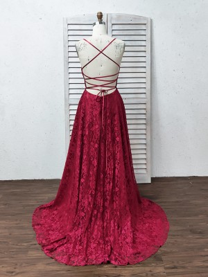 spaghetti straps red lace split prom dress