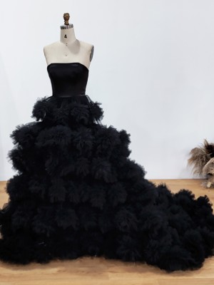 black ruffled long train strapless celeb prom dress