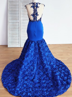 royal blue illusion sequin lace and 3d rosette long train prom dress