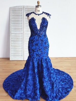 unique royal blue sequin and 3D rosettes prom dress
