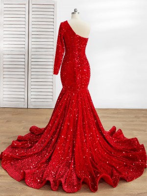 one sleeve red sequin mermaid long train prom dress