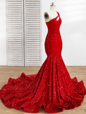 sparkly red sequin over velvet mermaid one sleeve prom dress