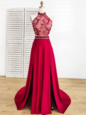 jagged high neck red lace satin two piece prom dress