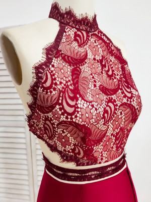 jagged high neckline illusion red lace dress