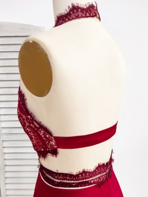 jagged red lace open back dress