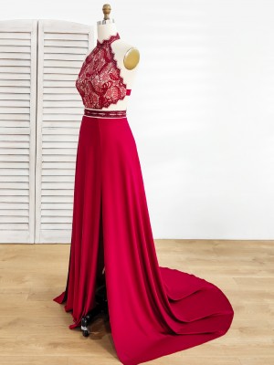 sexy red lace and satin two piece slit prom dress sexy red lace and satin two piece slit prom dress