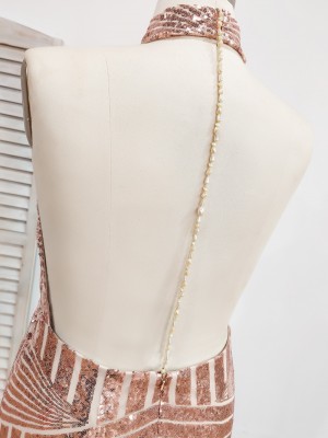 pearl strap open back prom dress