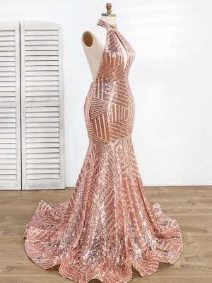 rose gold sequin sleeveless mermaid prom dress