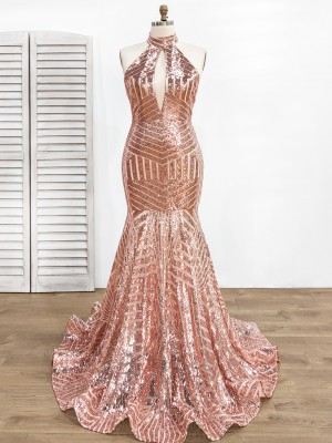 rose gold striped sequin cut out mermaid prom dress