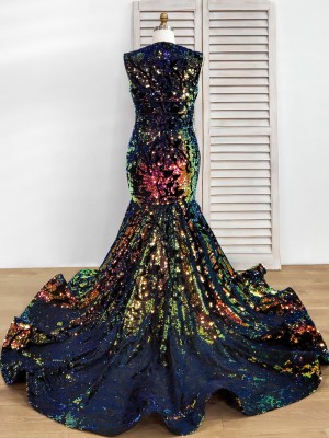 iridescent multi color sequin trumpet prom dress