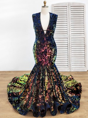 sparkly iridescent map sequin trumpet prom dress