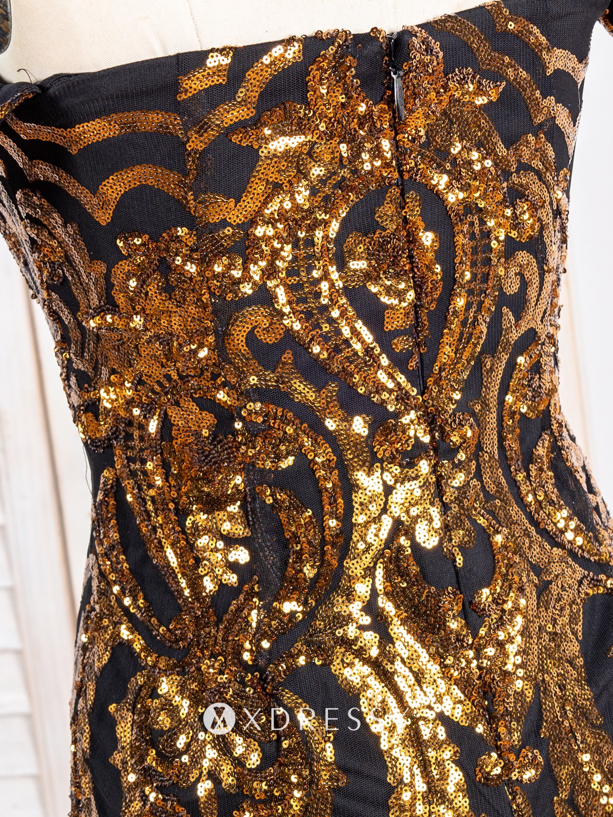 Sparkly Gold Sequin Black Lining Mermaid Prom Gown - Xdressy