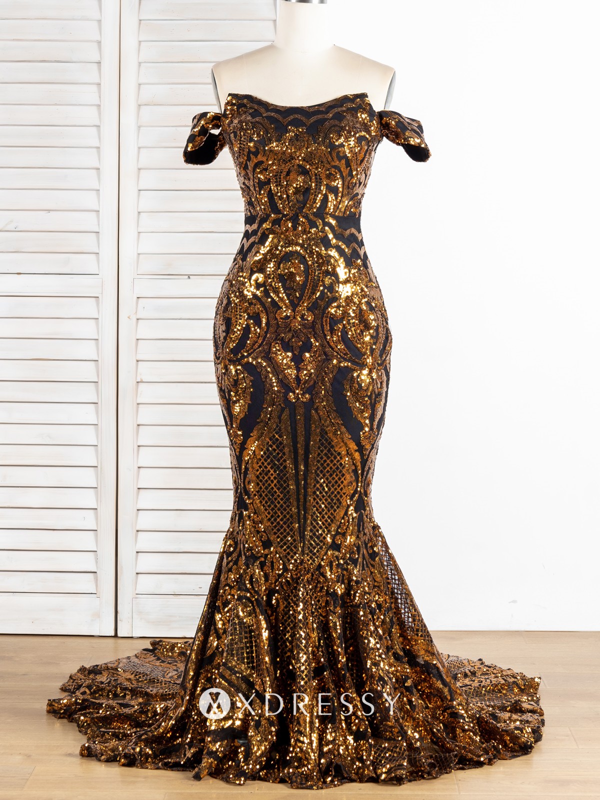 black gold sequin off the shoulder mermaid prom gown