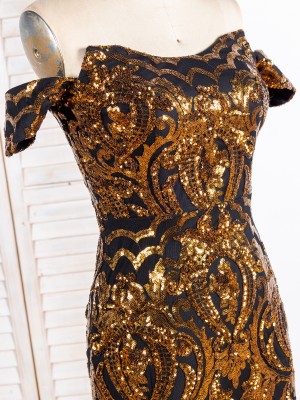 black gold sequin off the shoulder prom dress