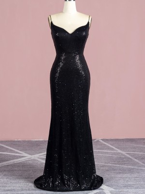 black stripe sequin curved V neck long evening dress