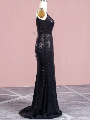 black stripe sequin spaghetti straps evening dress