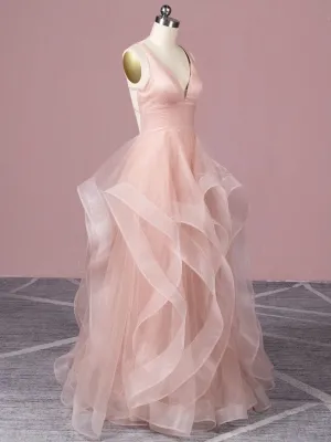 blush tulle flounced floor length formal gown