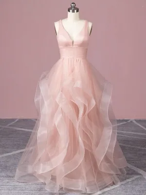 cascading flounced blush tulle formal gown cascading flounced blush tulle formal gown
