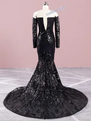 long sleeve black sequin prom dress with a train