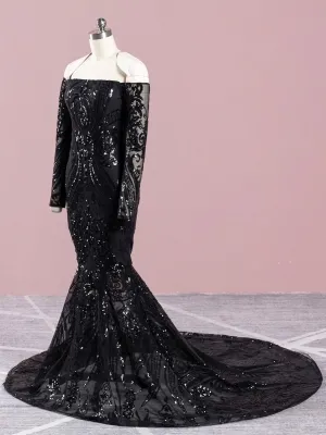 off shoulder long sleeve black sequin prom dress