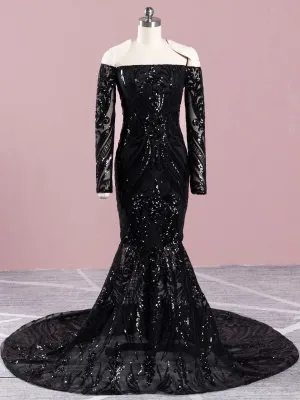 straight neck off shoulder black sequin mermaid prom gown straight neck off shoulder black sequin mermaid prom gown