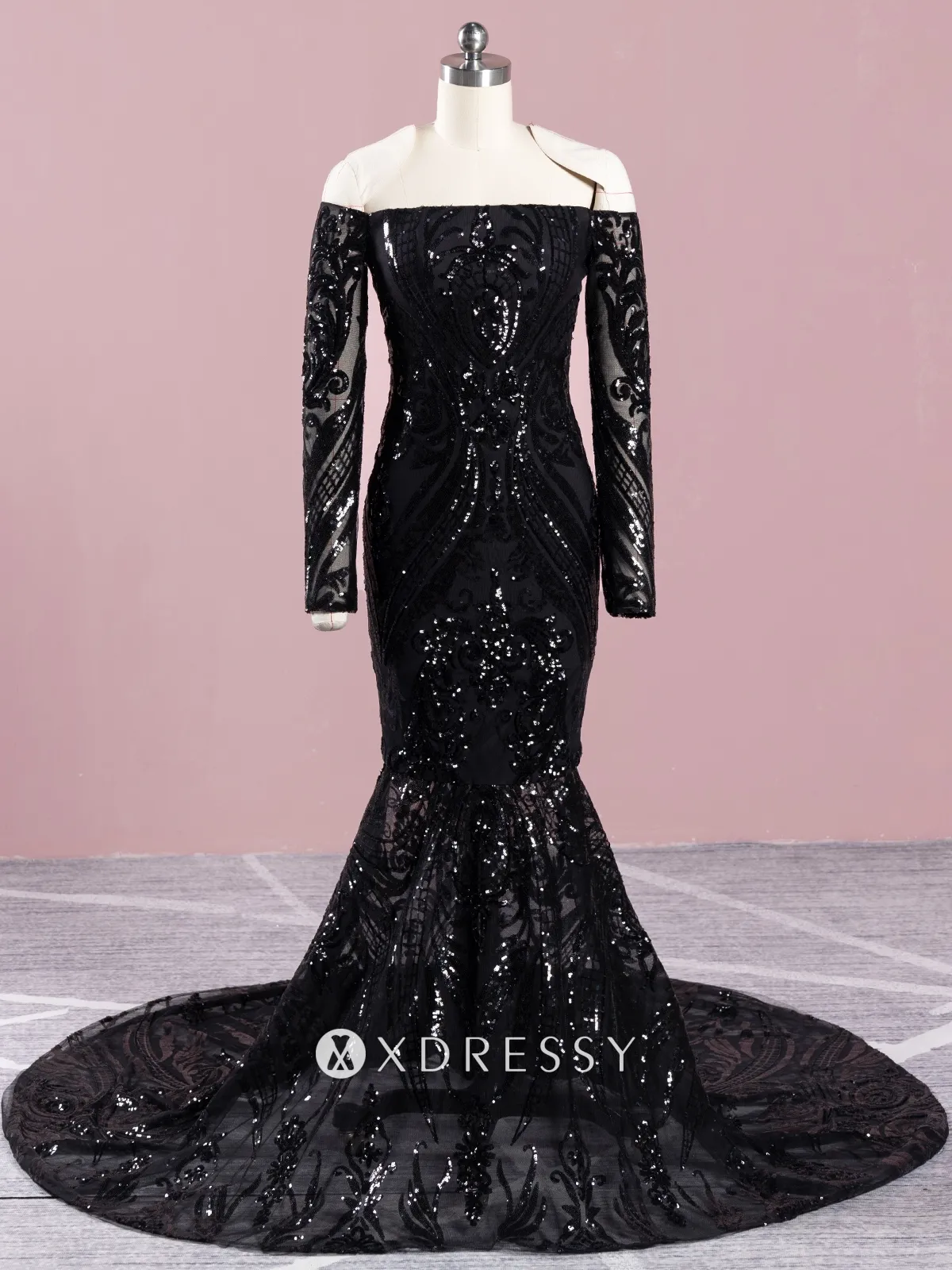 straight neck off shoulder black sequin mermaid prom gown
