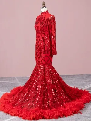 unique pattern red sequin long sleeve mermaid feather prom dress