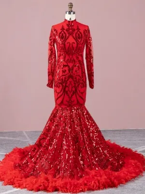 unique pattern red sequin with feather train prom dress unique pattern red sequin with feather train prom dress