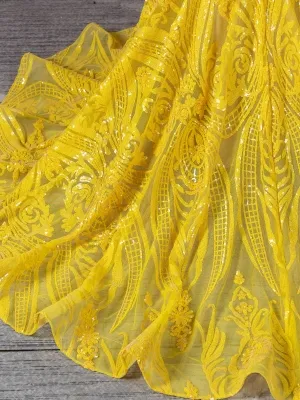 abstractly geometric yellow sequin long train prom dress