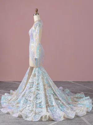 iridescent sequin long sleeve mermaid prom dress