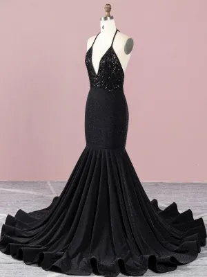 black glitter mermaid long train sexy prom dress