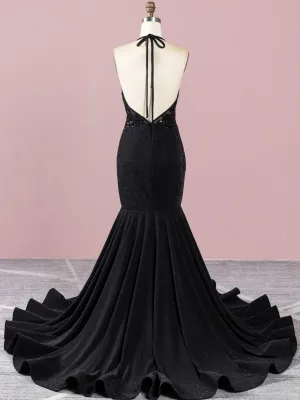 halter strap low back black spandex glitter long train dress