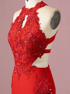 beaded lace appliqued red prom dress