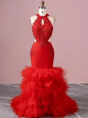 beaded red long prom dress with gorgeous ruffled train
