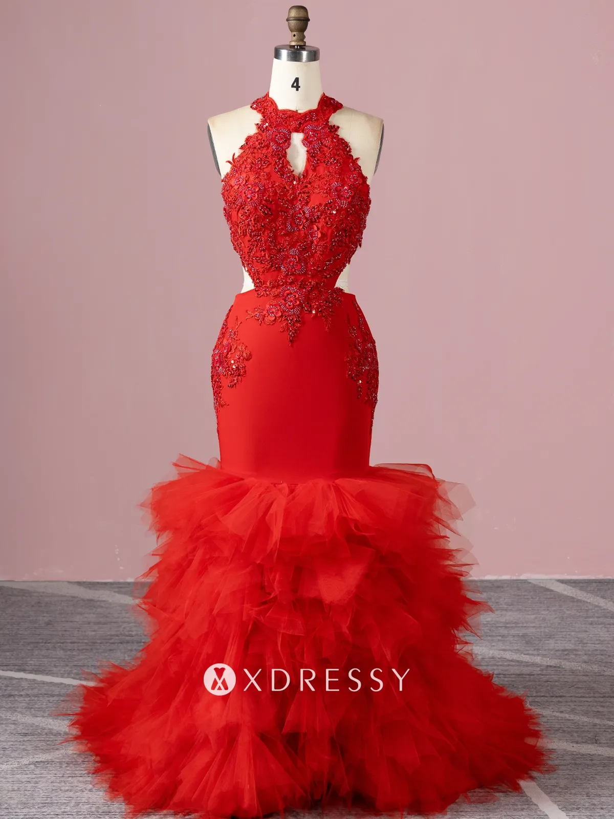 beaded red long prom dress with gorgeous ruffled train